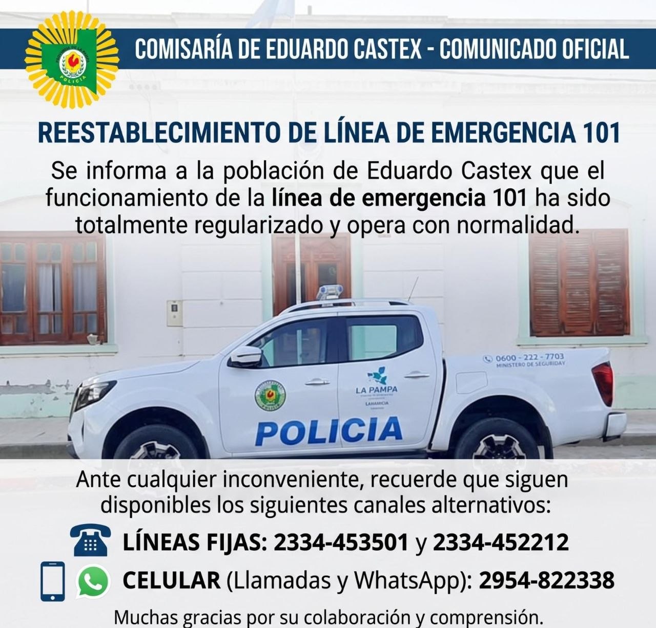 Eduardo Castex: quedó totalmente restablecida la línea de emergencias 101