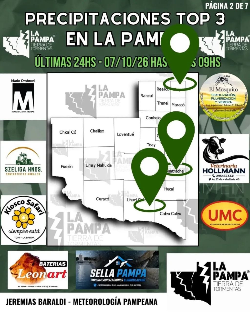 📊 Acumulado de lluvias en La Pampa: los registros de las últimas 24 horas y cómo sigue el tiempo * Eduardo Castex: [Dato a completar] mm * Rancul: 6,9 mm * Victorica: 6,1 mm * Anguil: 6,0 mm * Conhelo: 6,0 mm * La Humada: 5,4 mm * Casa de Piedra: 5,2 mm *